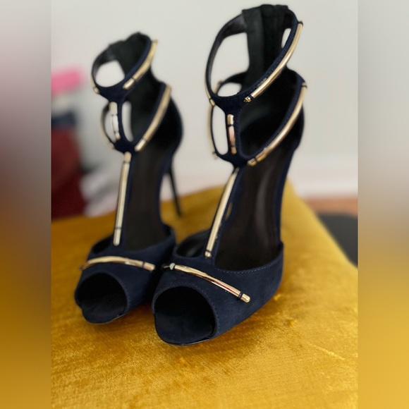 Schutz Sandalia Salto Alto Nobuck Sailfish heels navy/gold size 8 with box - Picture 7 of 16